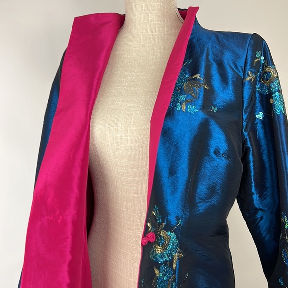Vintage ANIS.A kimono cardigan blue, gold embroidery magenta lining M - Picture 9 of 11